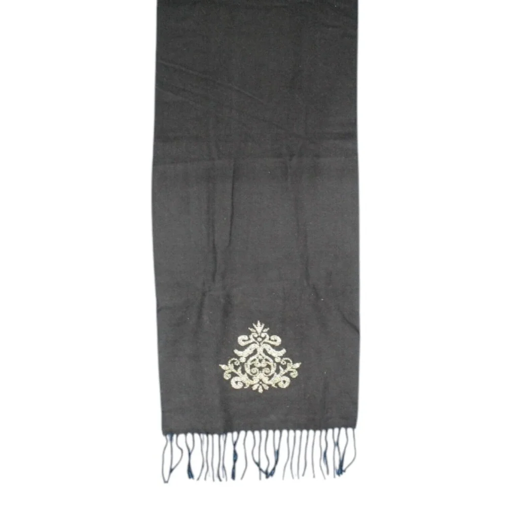 Made In Scotland CASHMERE Black FLORAL RHINESTONE DESIGN Fringe Trim SCARF